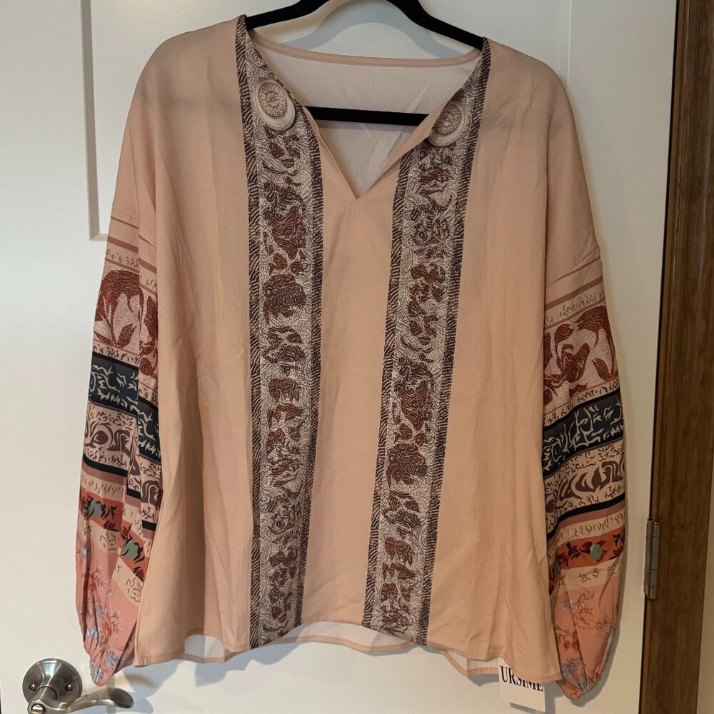 NWT Women Full Print Long Sleeve Blouse Size Large